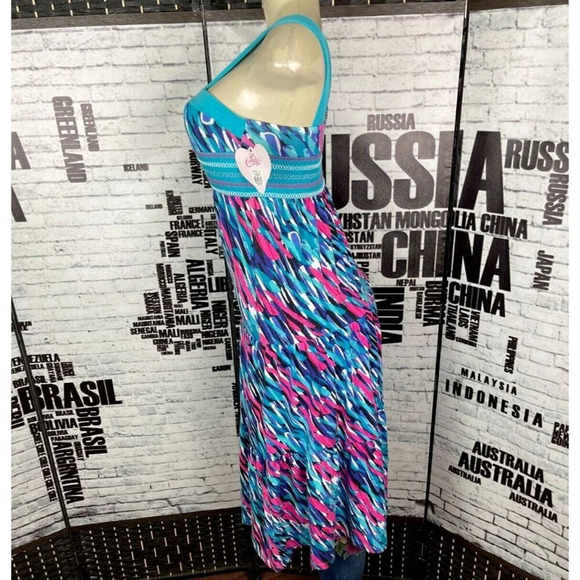 Candie's Girls M Teal-Pink Paint Splash Shirred Waist Beaded Strap Midi Sundress - Picture 5 of 6